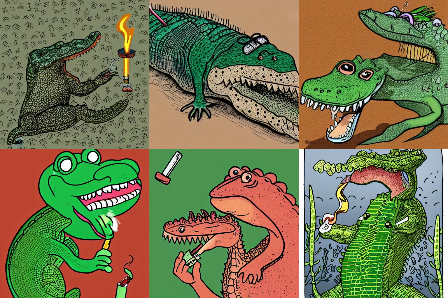 Prompt: an illustration of a crocodile smoking a joint, higly detailed, 420