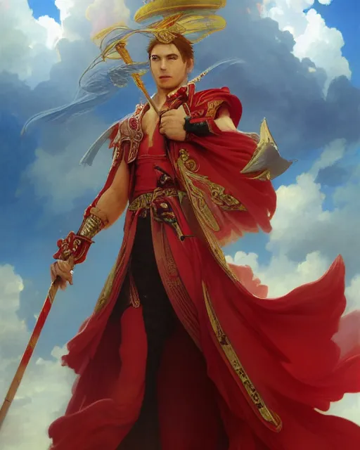 Image similar to A Full View of a Red Mage wearing red white and gold striped magical shining Conquistador armor and a feathered hat holding a staff of power with a gemstone topper surrounded by an epic cloudscape. Magus. Red Wizard. masterpiece. 4k digital illustration. by Ruan Jia and Artgerm and Andreas Rocha and William-Adolphe Bouguereau and Edmund Blair Leighton, award winning, Artstation, intricate details, realistic, Hyperdetailed, 8k resolution