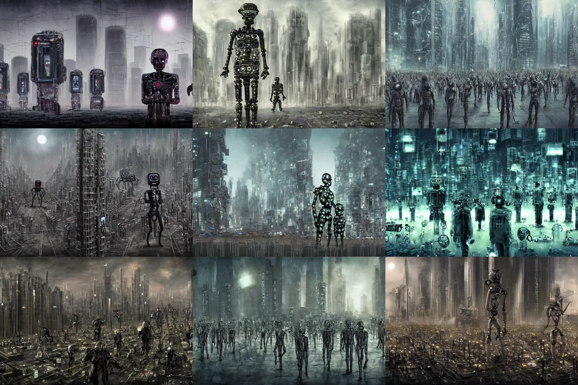 Prompt: smart cities dystopia, full hd dark surreal art, artificial intelligence slavery, robot army