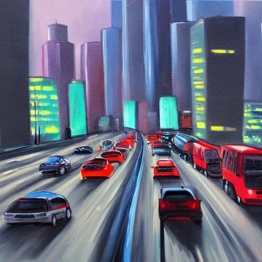 Prompt: oil painting, a traffic jam with some very angry drivers on a futuristic city