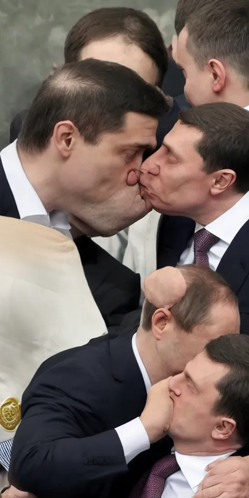 Prompt: Vladimir Putin kissing Volodymyr Zelenskyy