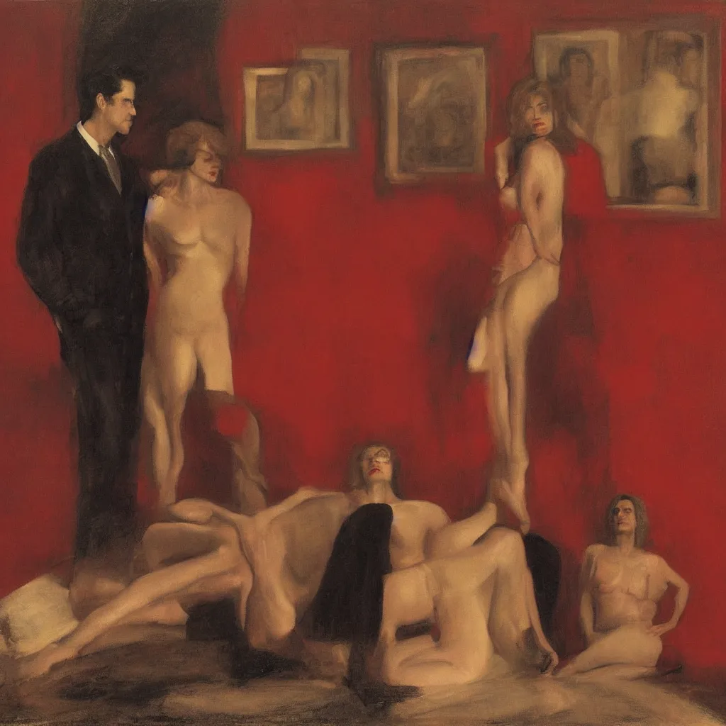 Prompt: Dale Cooper and Laura Palmer in The Red Room of Twin Peaks painted by Odd Nerdrum, classical figurative painting, oil painting, apelles palette, kitsch painting