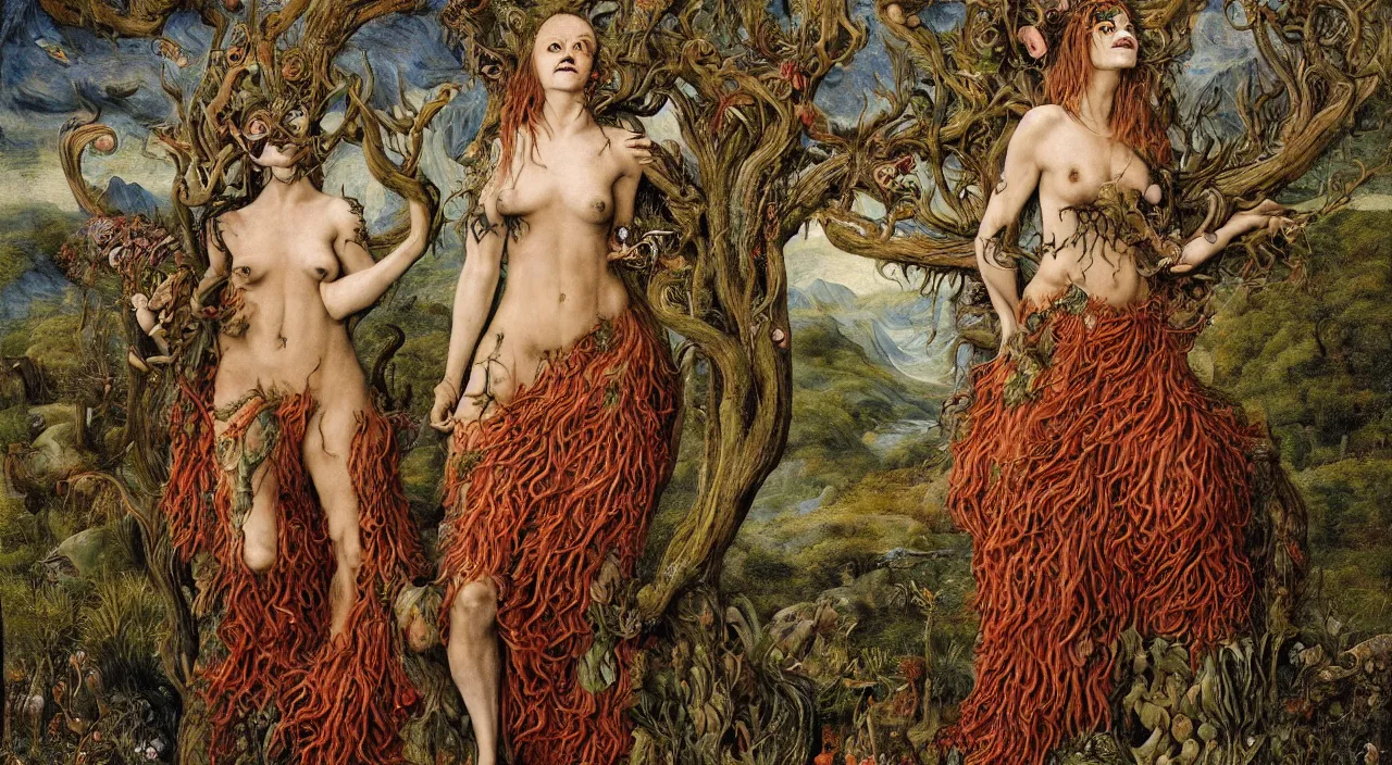 Image similar to a grinning druid dryad with goat pupils transforming herself into a mad beast. her skin is covered in scales and feathers. landscape with mountains, river and night sky. painted by jan van eyck, max ernst and ernst haeckel, trending on artstation, 8 k, award winning, hard lighting, fashion editorial, mythology, photorealistic