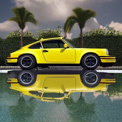 Prompt: a yellow 1 9 8 5 porsche 9 1 1 turbo in a palm beach swimming pool, 3 d render, unreal engine, 4 k