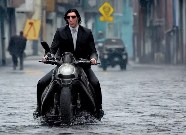 Image similar to first official image from bond 2 6, starring adam driver as agent 0 0 7, riding an actual live shark through the streets of valparaiso, chile in heavy rain. directed by alejandro inarritu. stunning cinematography, kodak vision 2 0 0 t, high contrast, anamorphic lens, chromatic aberration.