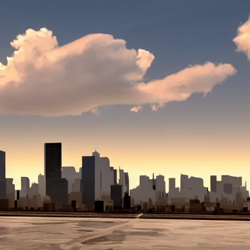 Image similar to Clouds rolling in over a cityscape, with the skyline visible in the distance, rendered in 3D.