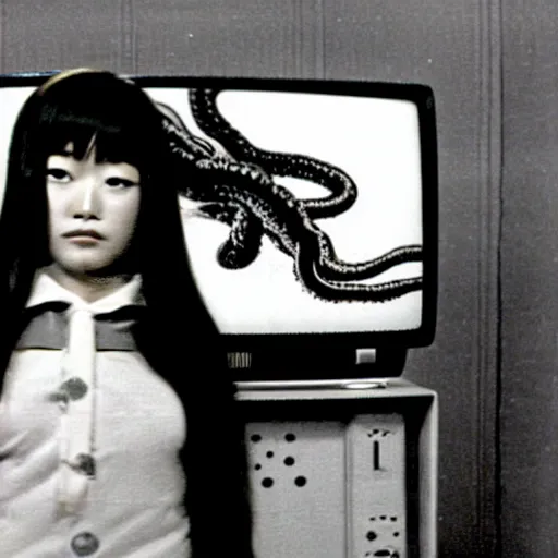 Prompt: japanese 70s black and White TV show, Photorealistic, highly detailed, girl fighting tentacles coming out of a vintage TV set