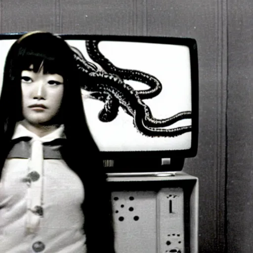 Image similar to japanese 70s black and White TV show, Photorealistic, highly detailed, girl fighting tentacles coming out of a vintage TV set