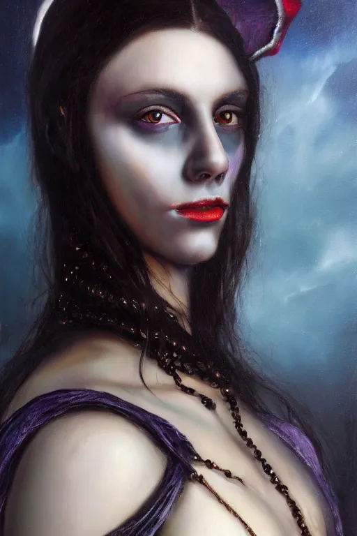 Image similar to hyperrealism oil painting, close - up portrait of european medieval brunette vampire fashion model, knight, steel gradient mixed with nebula sky, in style of baroque