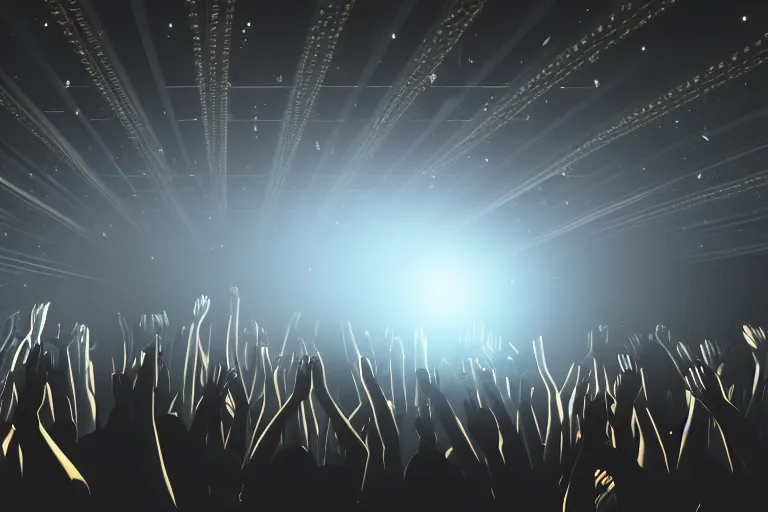 Prompt: crowd partying with their hands up at a club, volumetric lighting, haze, light beams, discoball, dj on stage with raised hands, silhouette, digital art, trending on artstation, 4k, unreal engine, intricate, ornate