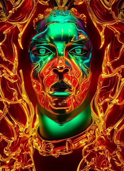 Prompt: photo of baroque and bladerunner delicate neon ruby sculpture of seductive ceramic albino king william levy tigers orange iridescent humanoid deity wearing metallic green hoody made out of leaves holding the sun in a reflective prismatic dungeon, reclining, glowing rainbow face, crown of white diamonds, cinematic lighting, photorealistic, octane render 8 k depth of field 3 d