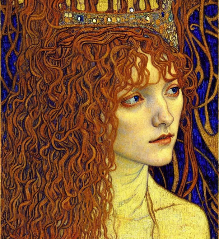 Image similar to detailed realistic beautiful young medieval queen face portrait by jean delville, gustav klimt and vincent van gogh, art nouveau, symbolist, visionary, gothic, pre - raphaelite, muted earthy colors, desaturated