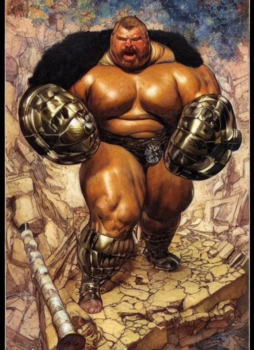 Image similar to head and torso portrait of huge muscular eddie hall as juggernaut, by lawrence alma tadema and rick berry and norman rockwell and greg staples and jack kirby