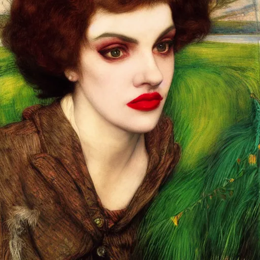 Prompt: portrait of a hybrid of judy garland and lady gaga with marfan syndrome, full lips, downward slanting eyes, with a brown fringe, holman hunt, john william waterhouse, kilian eng, rosetti, john everett millais, william holman hunt, 4 k