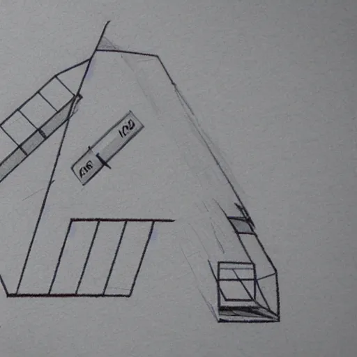 Image similar to schematic drawing of futuristic building with pencils and triangle ruler lying next to the drawing