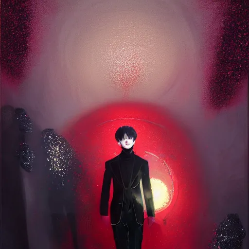 Prompt: harmony black room, waist up, yoongi wearing red sparkly sequin jacket, black top, black pants, muted colors, polarizer, nadir lighting, by wlop, james jean, victo ngai, muted colors, highly detailed, fantasy art by craig mullins, thomas kinkade