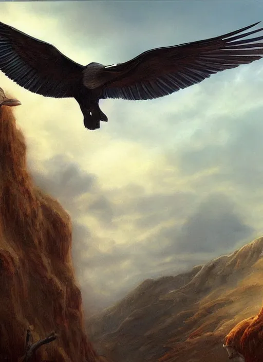 Image similar to a realistic painting of a condor in a cloudy sky, highly detailed, matte painting, fantasy art, ayahuasca