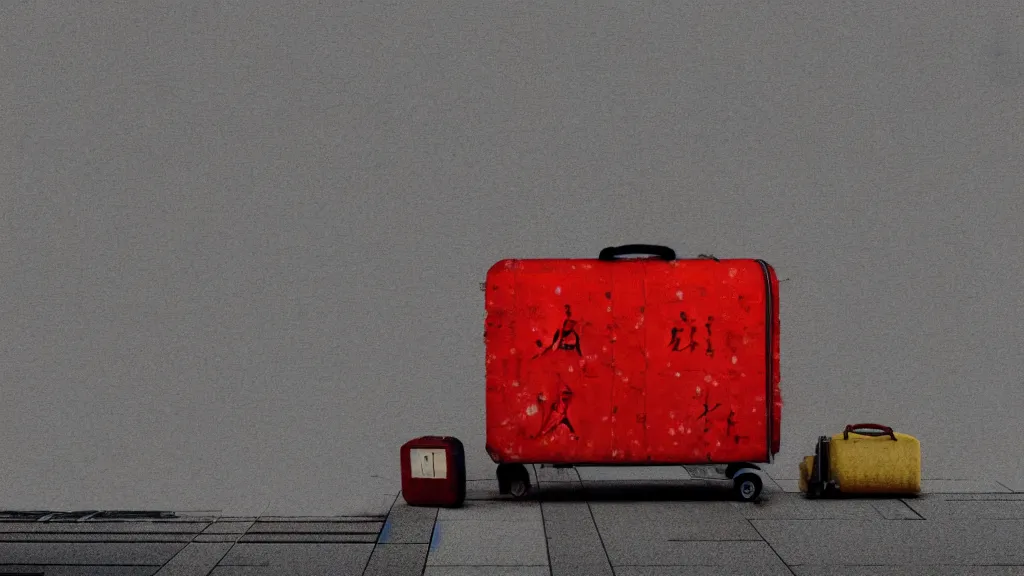 Prompt: an explorer's luggage on the train platform, rural japan, a collage painting, in the style of wes anderson, lola dupre, david hockney, isolated on negative white space background dark monochrome neon spraypaint accents volumetric octane render