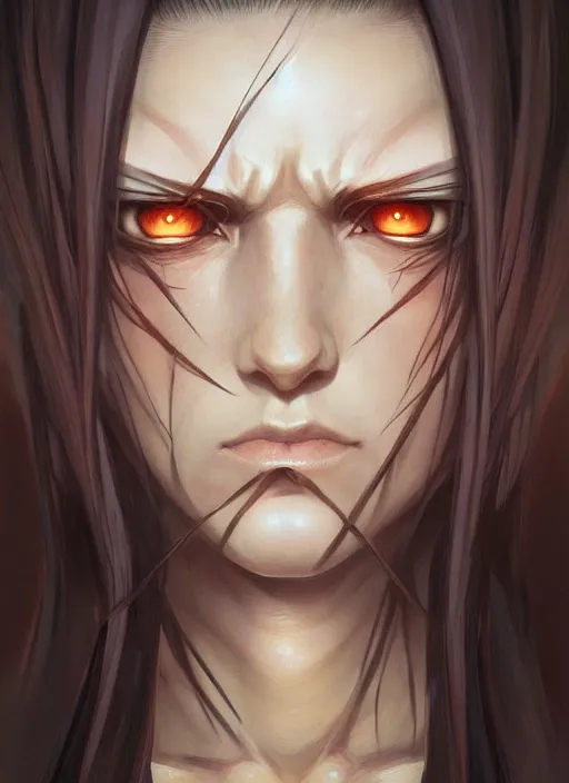 Image similar to portrait of pain from naruto, dark, intricate, elegant, highly detailed, digital painting, artstation, concept art, smooth, sharp focus, illustration, art by artgerm and greg rutkowski and alphonse mucha