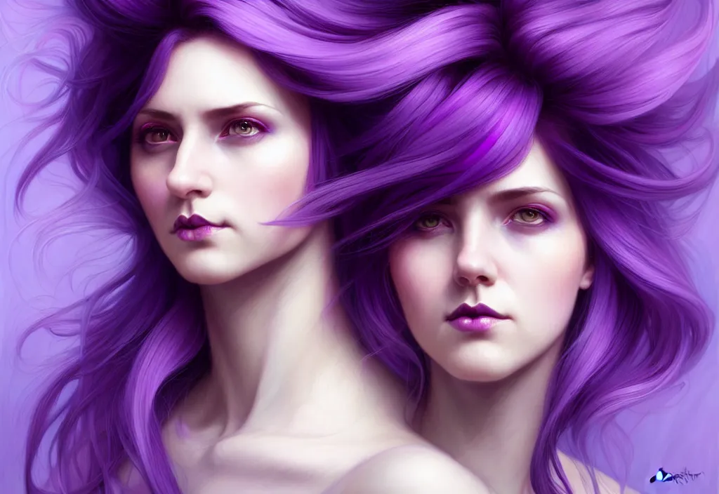 Image similar to Purple hair relistic Portrait of a two woman with bright colored flying hair, all shades of purple. Beauty face, Hair coloring, fantasy, intricate, elegant, highly detailed, digital painting, artstation, concept art, smooth, sharp focus, illustration, art by artgerm and greg rutkowski and alphonse mucha