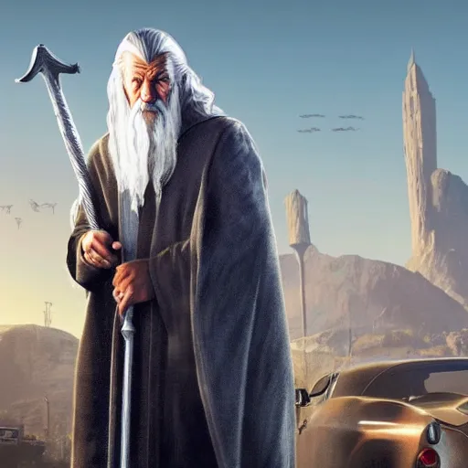 Prompt: Gandalf in GTA 5, cover art by Stephen Bliss, boxart, loading screen