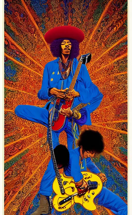 Image similar to an awesome jean giraud graphic art of jimi hendrix in the style of a renaissance masters portrait, mystical and new age symbolism and tibetan book of the dead imagery, intricately detailed, 4 k