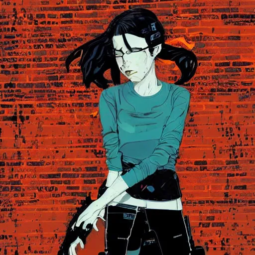 Image similar to Highly detailed portrait of a post-cyberpunk young lady with, freckles and cool hair by Atey Ghailan, by Loish, by Bryan Lee O'Malley, by Cliff Chiang, inspired by image comics, inspired by graphic novel cover art, inspired by nier, inspired by scott pilgrim !! Gradient orange, black and white color scheme ((grafitti tag brick wall background)), trending on artstation