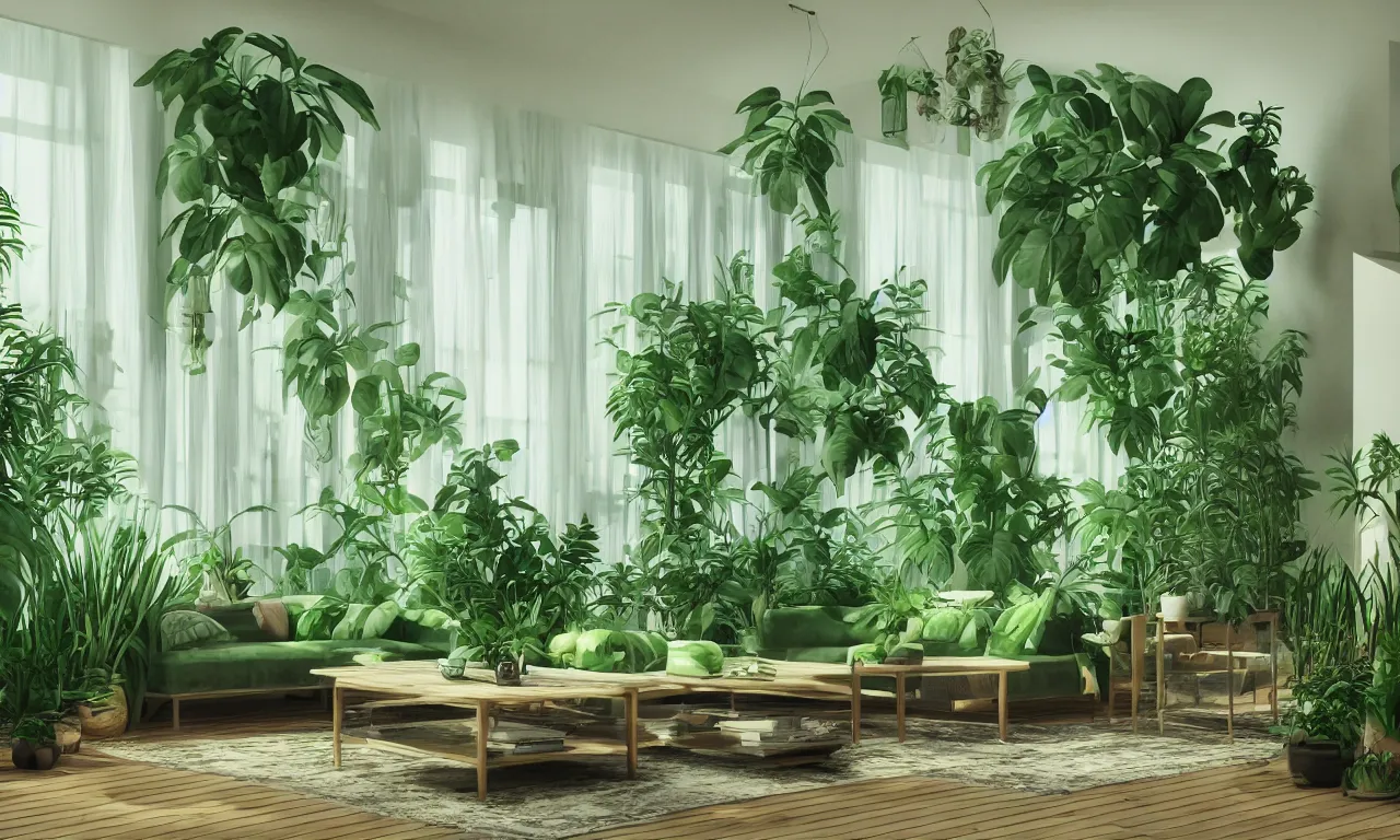 Image similar to comfy green living room with many plants, complicated liminal interior, Lynchian, unsettling, dreamlike with vapor clouds and painting by Henri Rousseau, 3D render by Beeple and Barry Chuckle, layered, parallax effect