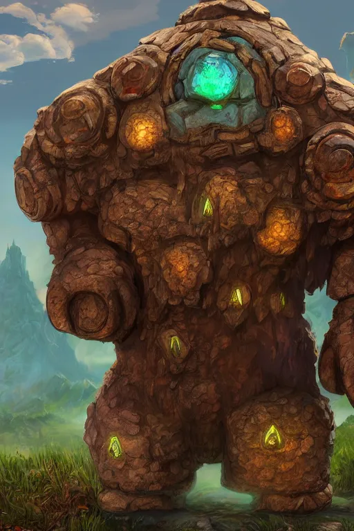 Image similar to zelda fantasy art giant golem troll wood rock greeble gemstone, global illumination ray tracing hdr fanart arstation by sung choi and eric pfeiffer and gabriel garza and casper konefal