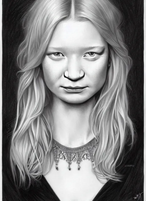 Prompt: a pencil drawing portrait of mia wasikowska with blonde hair, beautiful face, in a dress, jewelry, greek, intricate, headshot, highly detailed, drawn with pencil, black and white, artstation, concept art, sharp focus, cinematic lighting, illustration, art by artgerm and greg rutkowski, alphonse mucha, cgsociety