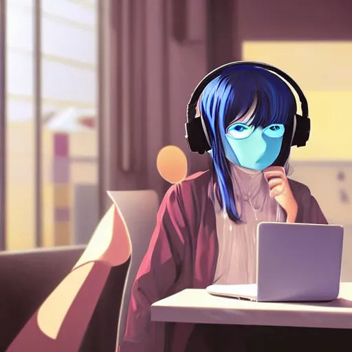 Image similar to a digital painting of a frowning beautiful anime girl with long silver hair with headphones and a face mask in coffeeshop working on her laptop, digital art, backlight, ilya kuvshinov, high detail, blue anime eyes