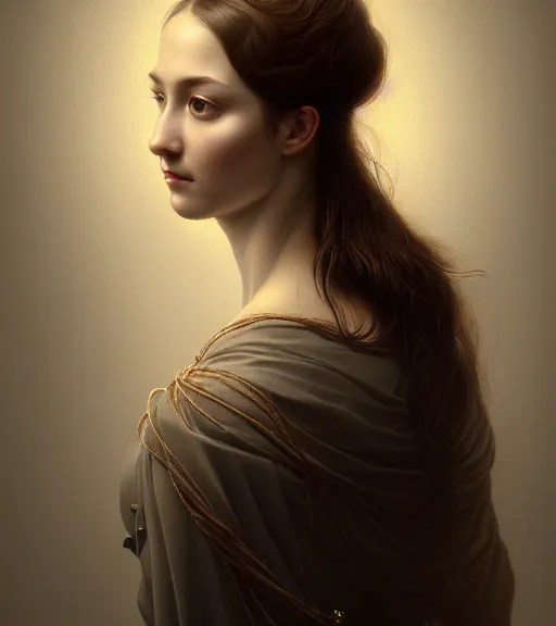 Image similar to portrait of a woman in heightened detail, poised, detailed facial expression, detailed surroundings, intricate, elegant, highly detailed, centered, digital painting, artstation, concept art, smooth, sharp focus, illustration, by ( leonardo da vinci ), wlop