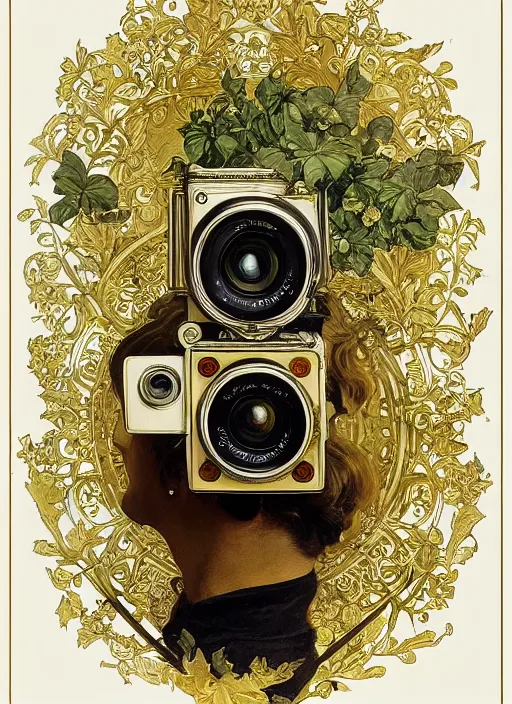 Prompt: photographer looking through a vintage camera, design on white background, beautiful details, lush foliage, gold, drawn by john singer sargent, alphonso mucha, lolish, trending on artstation
