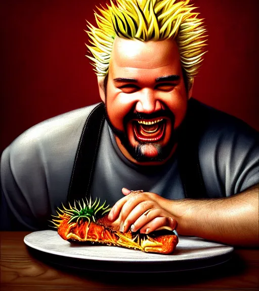 Image similar to portrait of a guy fieri happily gloating sitting upon a table with heightened detail, poised, intense emotion, detailed facial expression, detailed surroundings, intricate, elegant, highly detailed, centered, digital painting, artstation, concept art, smooth, sharp focus, illustration, by ( leonardo da vinci ), wlop