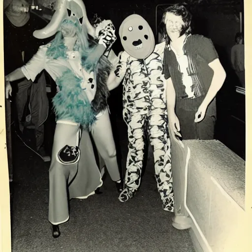 Prompt: 7 0 s poloroid photography of drunken night out dressed in dinosaur costumes cfg = 1 0