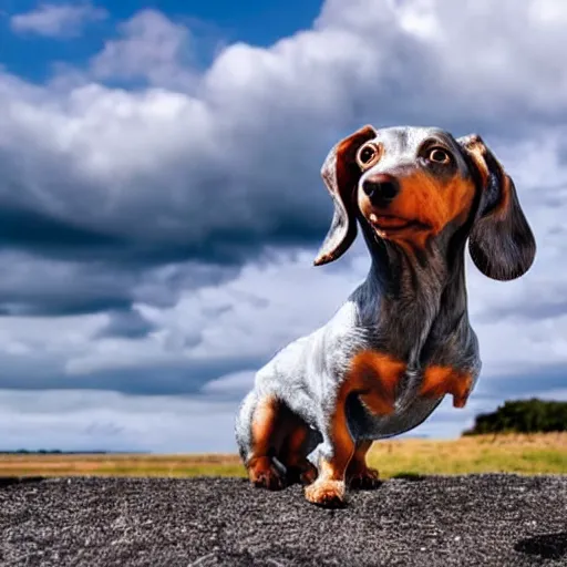 Image similar to a grey, elderly wire-haired dachshund floating in heaven, blue sky, surrounded by beautiful white clouds