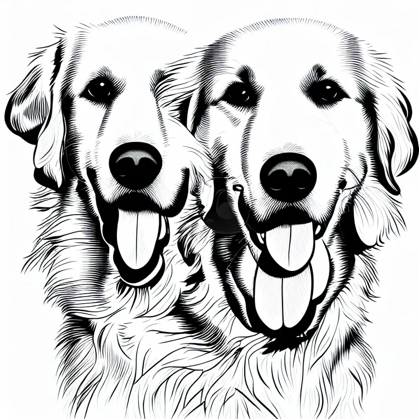 Image similar to full golden retriever portrait, white background, line art cartoon