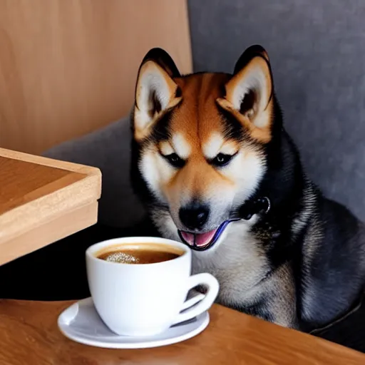 Image similar to a Shiba inu drinking coffee like a gentleman, realistic