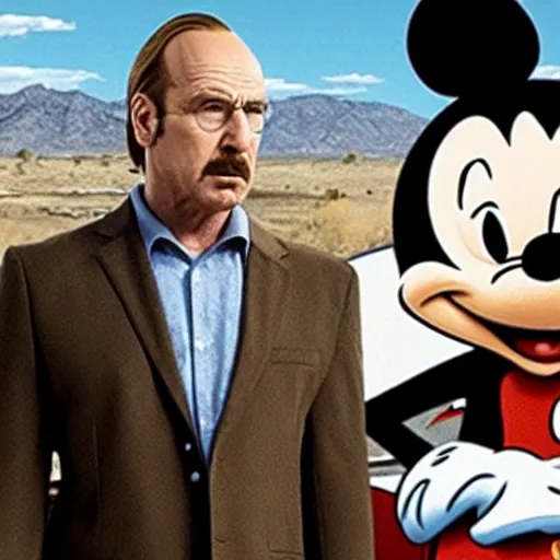 Image similar to highly detailed shot of better call saul cross over with mickey mouse house season finale with walter white appearing in the background