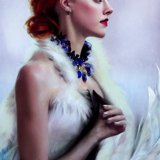 Image similar to hyperrealistic portrait of a woman as amber heard touching neck noir white swan dress wearing sapphire jewellery with long feather collar by jeremy mann and alphonse mucha, fantasy art, photo realistic, dynamic lighting, artstation, poster, volumetric lighting, very detailed faces, 4 k, award winning