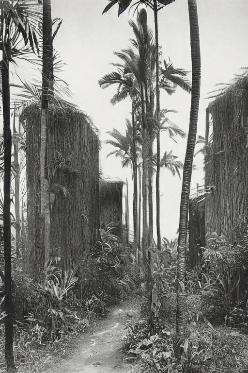 Prompt: long and tall organic buildings, jungle, black and white photography, year 1 9 0 0