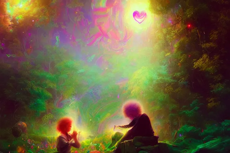 Image similar to a psychedelic realm hidden away in a pocket of ethereal knowledge | astral beings sharing love greg rutkowski wlop lisa frank bob ross | ruan jia | illustration