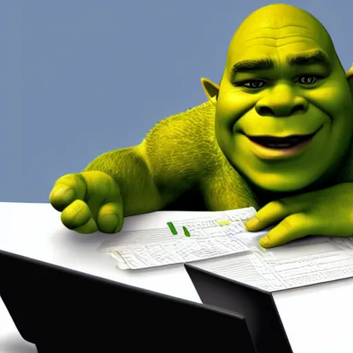 Image similar to stock photo of shrek calculating his taxes, spectacles without border on the end of his nose, microsoft excel 2002 bootcamp instructor