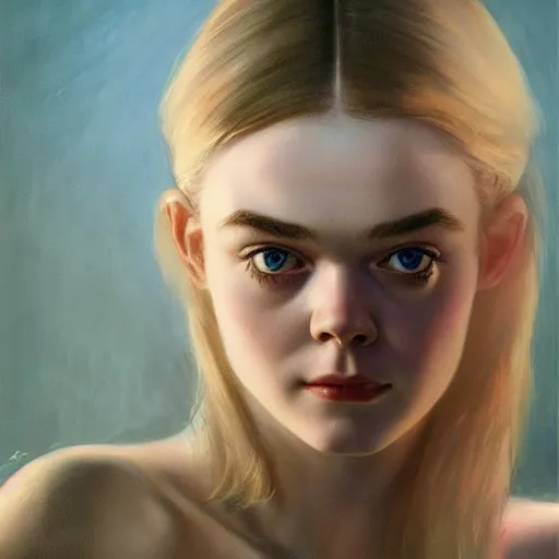 Image similar to ultra realistic head and shoulders portrait painting of elle fanning in prey, art by frank frazetta, 4 k, ultra realistic, highly detailed, epic lighting