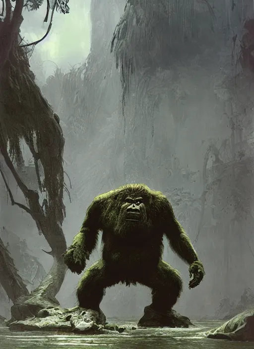 Prompt: huge hulking brute swamp demon king like silverback gorilla standing by river on alien planet at midday by sergey kolesov and lawrence alma tadema and norman rockwell and greg staples and craig mullins and john berkey and ruan jia, artstation creature art