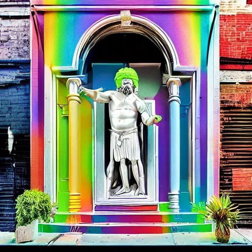 Image similar to the good god zeus in a marvelous and appropriate tuxedo standing in new orleans ; technicolor radioactive wax nanodetailed vinyl architecture