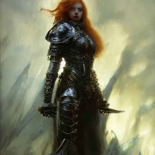 Prompt: beautifull young redheaded woman, wearing black and silver ornamental armour, detailed, by gaston bussiere, bayard wu, greg rutkowski, giger, maxim verehin, greg rutkowski, masterpiece, sharp focus, illustration, highly detailed, digital painting, concept art, matte