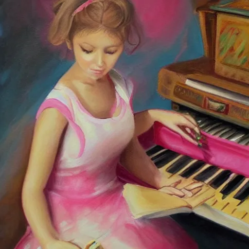 Prompt: highly detailed painting of russian girl playing a pink keyboard with a cup of tea, realistic,