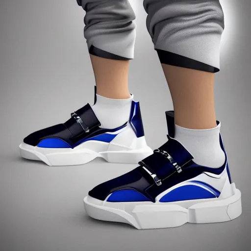 Image similar to futuristic balenciaga and vetements sneakers on gradient background, ultra rendered extreme realism and detail, 8 k, highly detailed, realistic, completely framed, pbr, giger style, hyper realistic, photorealistic, sharp focus,