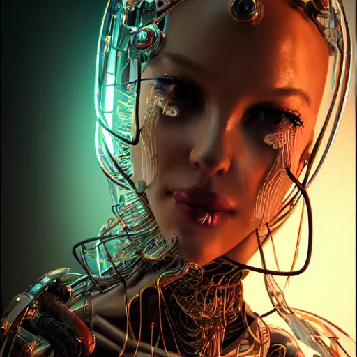 Image similar to the portrait of an absurdly beautiful, graceful, sophisticated, fashionable cyberpunk gynoid gravure idol, an ultrafine hyperdetailed illustration by kim jung gi, irakli nadar, intricate linework, neon wiring, porcelain skin, unreal engine 5 highly rendered, global illumination, radiant light, detailed and intricate environment